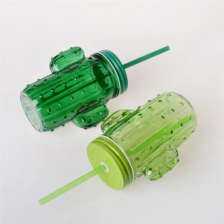Glass Cactus Shaped Jar With Straw