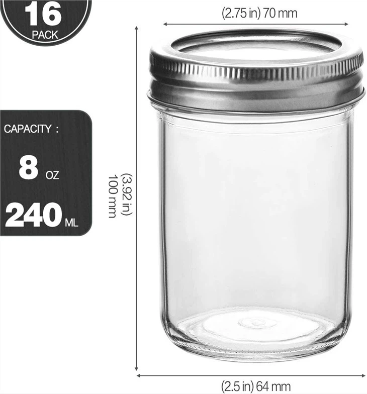 Mason Jars, 8 Oz Glass Jars With Regular Lids