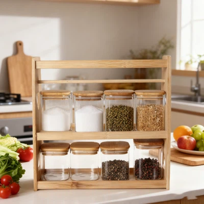 8-delige vierkante glazen potten met houten handvat