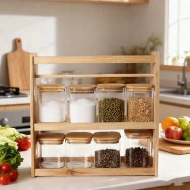 8-delige vierkante glazen potten met houten handvat