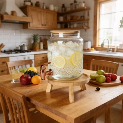 Diamond-facet glass beverage dispenser with faceted body for buffet service Diamond-facet glass beverage dispenser with faceted body for buffet service